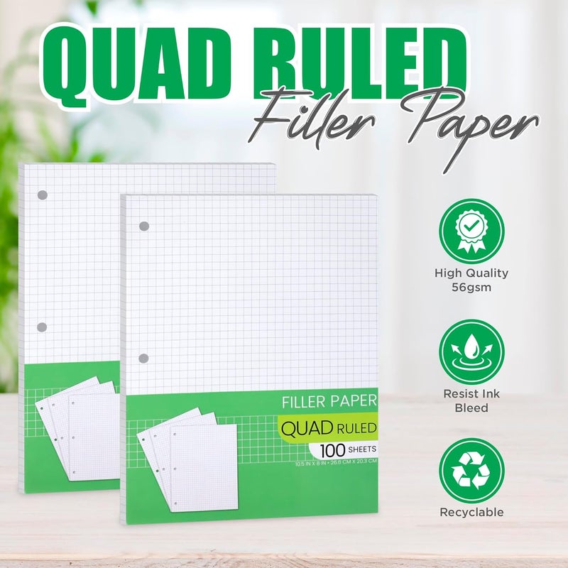 Manaloom Graph Paper, Filler Paper Loose leaf Graph Paper - 8” x 10.5" - Graph Ruled, 4x4 Quad Ruled Notebook Paper, 3 Hole Punched Loose leaf Papers for 3 Ring Binders - 100 Sheets per Pack (2 Pack) - Image 2